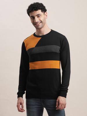 TURTLE Solid Crew Neck Casual Men Black, Yellow Sweater