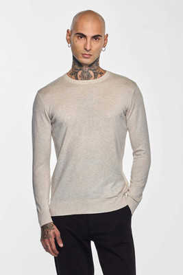 Snitch Solid Crew Neck Casual Men Beige Sweater