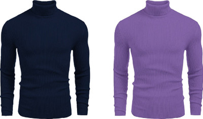 nikline Solid High Neck Casual Men Blue, Purple Sweater