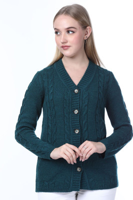 NOQUO Embellished V Neck Casual Women Dark Green Sweater