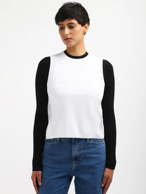 Calvin Klein Jeans Self Design Crew Neck Casual Women White Sweater