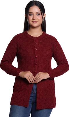 Varenyam Self Design Ruffle Neck Casual Women Maroon Sweater