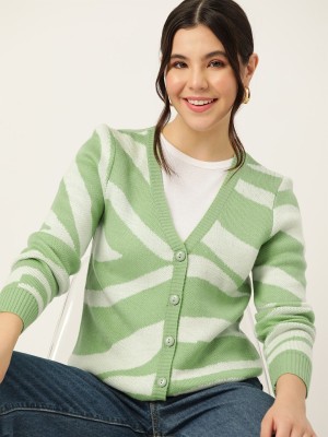 Dressberry Printed V Neck Casual Women Green Sweater