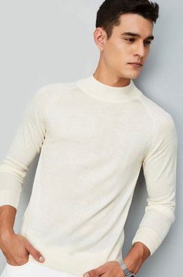 NEWRICH Solid Round Neck Casual Men White Sweater