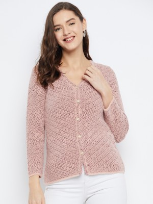 Zigo Self Design V Neck Casual Women Pink Sweater