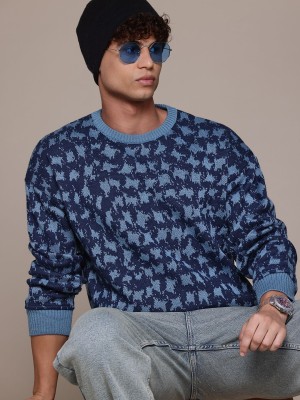 Roadster Self Design Round Neck Casual Men Blue Sweater