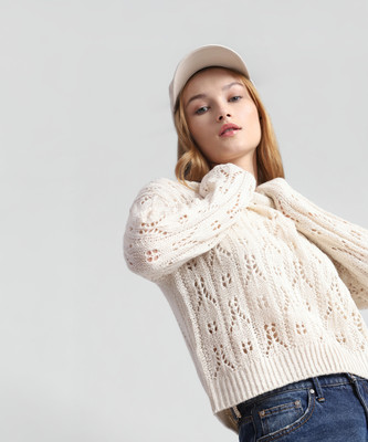 ONLY Self Design Round Neck Casual Women Beige Sweater