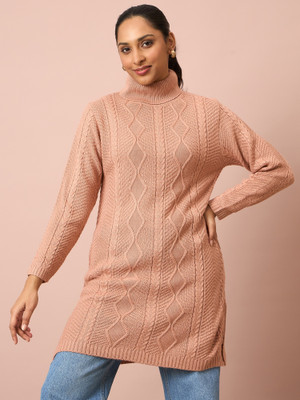CLAPTON Self Design Turtle Neck Casual Women Orange Sweater
