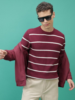 HIGHLANDER Woven Round Neck Casual Men Red Sweater