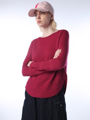 ONLY Self Design Round Neck Casual Women Maroon Sweater