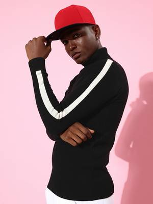 Mast & Harbour Striped Turtle Neck Casual Men Black Sweater