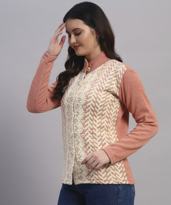 MOD YOUNG Printed Mandarin Neck Casual Women Pink, Beige Sweater