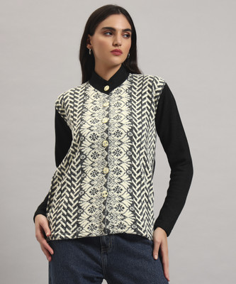Christy World Printed Round Neck Casual Women Black, White Sweater