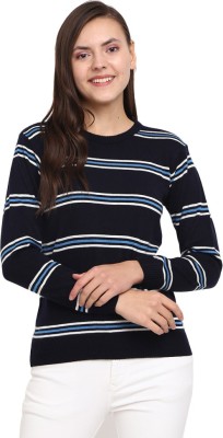 V-MART Striped Round Neck Casual Women Blue Sweater