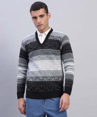 MYLES Geometric Print V Neck Casual Men Black, White Sweater