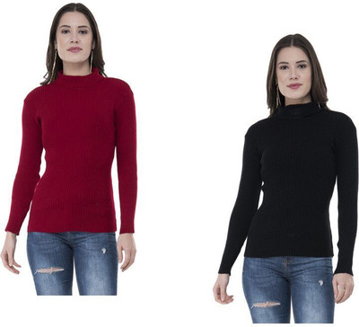 Indeweaves Solid High Neck Casual Women Maroon, Black Sweater