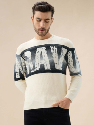 Status Quo Printed Round Neck Casual Men Beige, Black Sweater