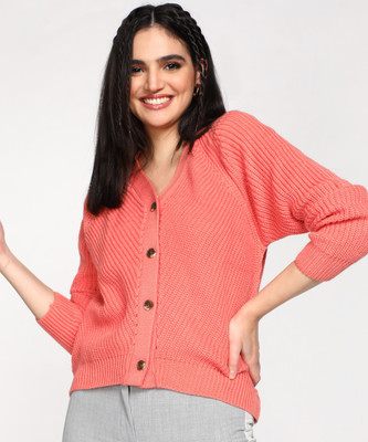 NUMERO UNO Self Design V Neck Casual Women Pink Sweater