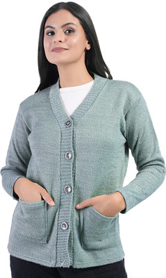 manra Solid V Neck Casual Women Grey Sweater