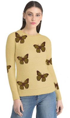 Eddicted Woven Round Neck Casual Women Yellow Sweater