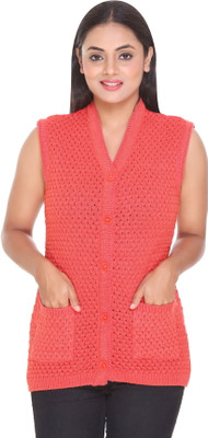 WOOL 4U Self Design V Neck Casual Women Red Sweater