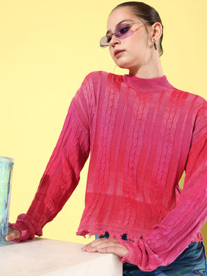Roadster Self Design Scoop Neck Casual Women Pink Sweater