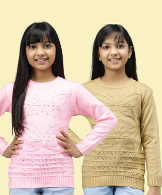 ANIXA Self Design Round Neck Casual Girls Multicolor Sweater