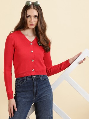 Showoff Solid V Neck Casual Women Red Sweater