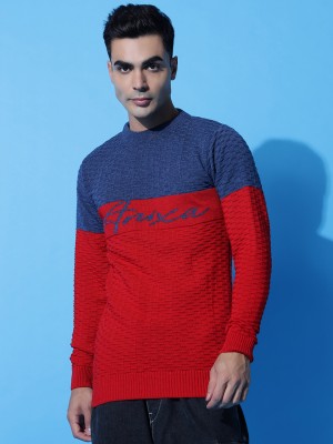 ANIXA Colorblock Crew Neck Casual Men Blue, Red Sweater