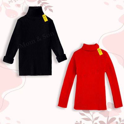 TINY HANDS Solid High Neck Casual Boys & Girls Black, Red Sweater