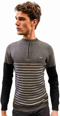 FORWARDS Striped High Neck Casual Men Grey Sweater