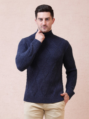 NOQUO Self Design Turtle Neck Casual Men Dark Blue Sweater