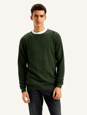 LEVI'S Self Design Crew Neck Casual Men Green Sweater