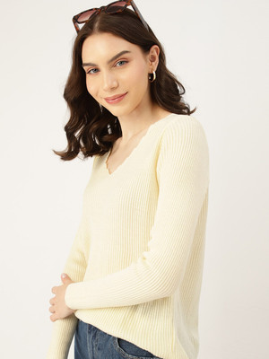 Dressberry Solid V Neck Casual Women Gold Sweater