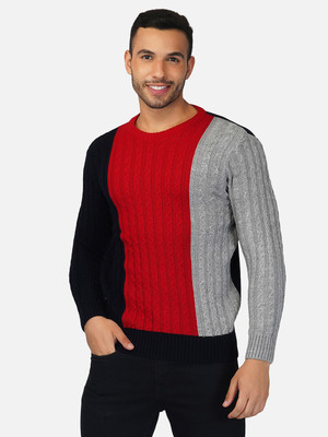 Joe Hazel Colorblock Round Neck Casual Men Blue Sweater