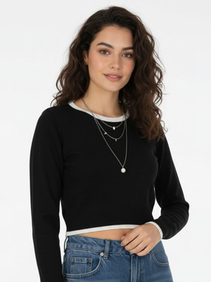 Glitchez Solid Round Neck Casual Women Black Sweater