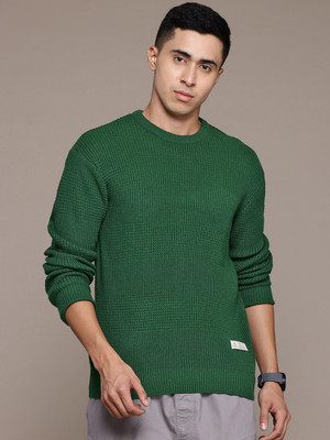 Roadster Self Design Round Neck Casual Men Green Sweater