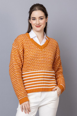 StyleDusk Woven V Neck Casual Women Orange, White Sweater