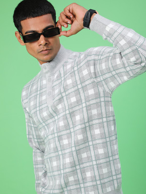 V-MART Checkered High Neck Casual Men Grey, White Sweater