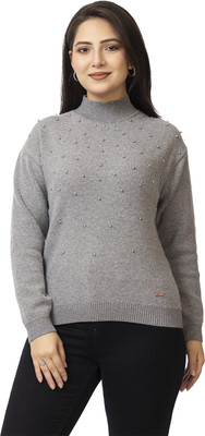 Lasoon Embellished High Neck Casual Women Grey Sweater