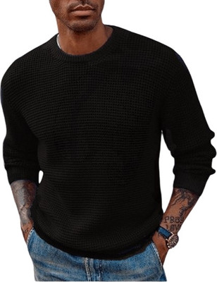 ColorChakra Self Design Round Neck Casual Men Black Sweater
