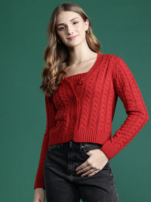 Dressberry Self Design V Neck Casual Women Red Sweater