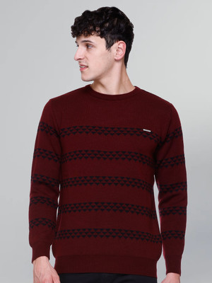 GODFREY Self Design Round Neck Casual Men Maroon Sweater