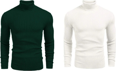 nikline Solid High Neck Casual Men White, Green Sweater