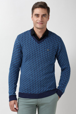 PETER ENGLAND Printed V Neck Casual Men Blue Sweater