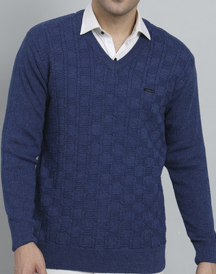 eWools Self Design V Neck Casual Men Dark Blue Sweater