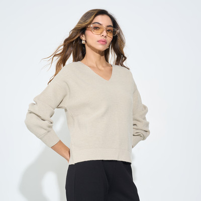 Annabelle by Pantaloons Solid V Neck Casual Women Beige Sweater