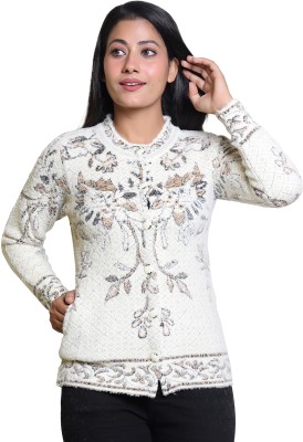 Grand Line Floral Print Round Neck Casual Women White Sweater