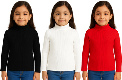 Chiclift Solid High Neck Casual Baby Girls Black, White, Red Sweater