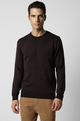 VAN HEUSEN Solid Round Neck Casual Men Brown Sweater